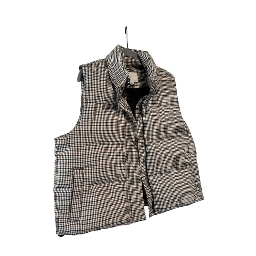 A New Day Women’s Plaid Puffer Vest Beige Brown Black Quilted Snap Zip Jacket - Picture 3 of 9